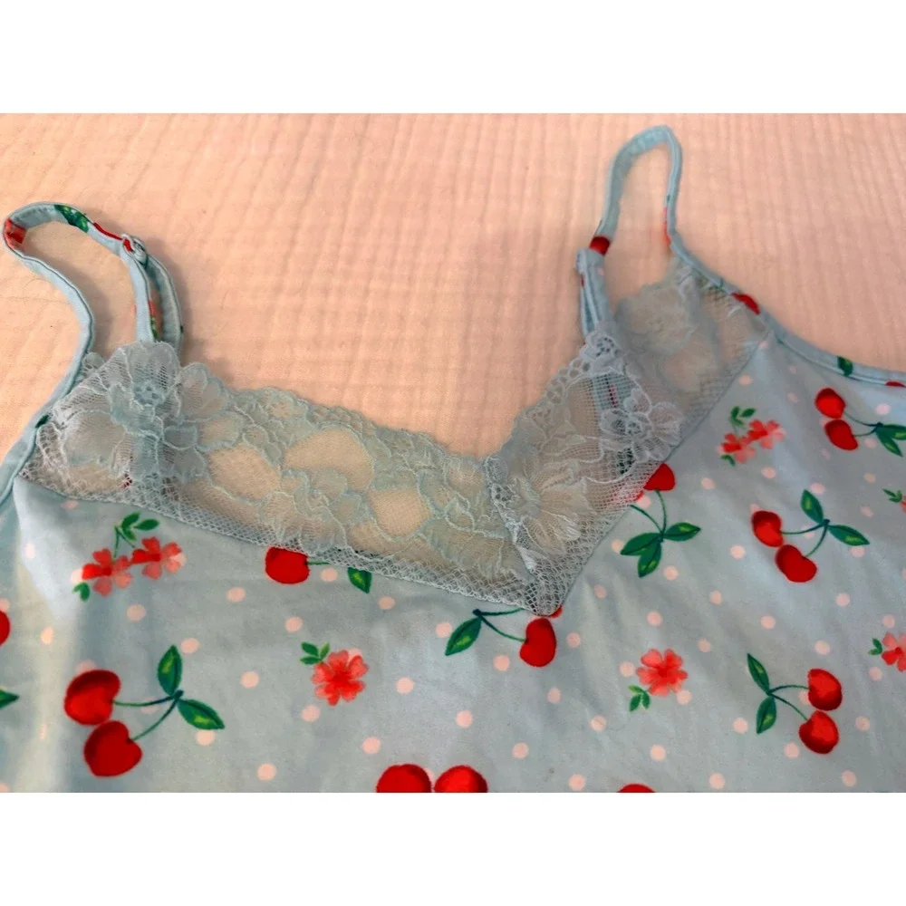 Joyspun Pajama Set Blue Cherry Floral Lace Trim Cami Shorts Size L 12-14